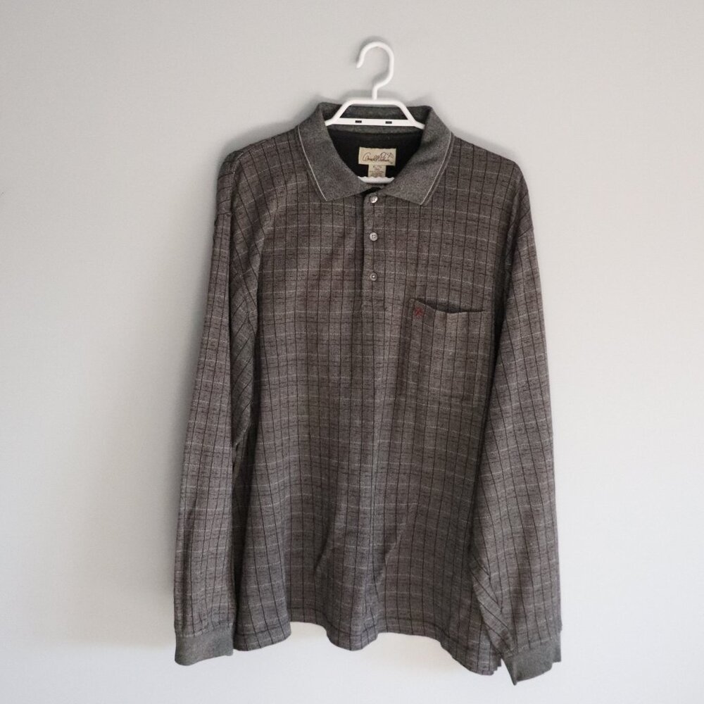 Arnold Palmer Mens Grey Sz XL‎ Buttoned Polo Plaid Long Sleeve Collar Pullover
